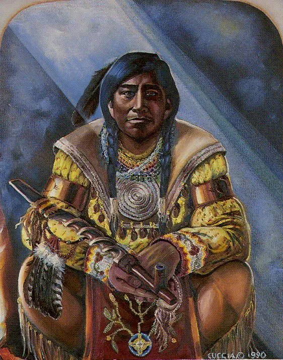 an oil painting of a native american man holding a knife and looking at the camera