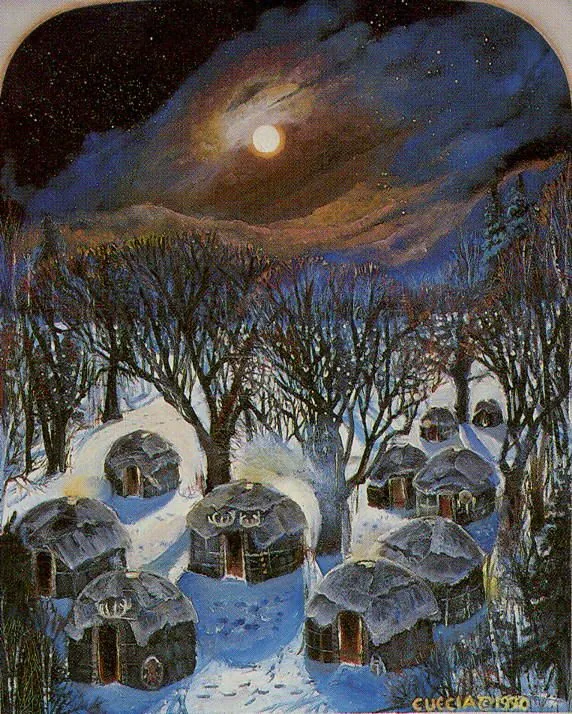 a painting of snow covered houses and trees under a full moon