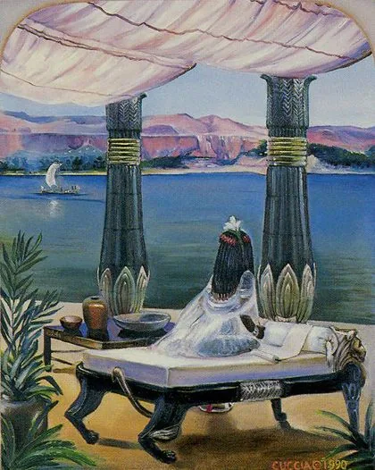 a painting of a person laying on a bed in front of the ocean