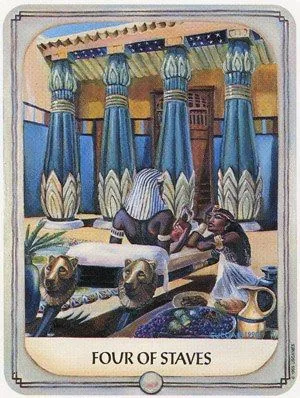 the four of staves tarot card is in front of blue columns and pillars