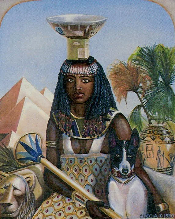 an egyptian woman with her dog and other items in front of her, painted by the artist