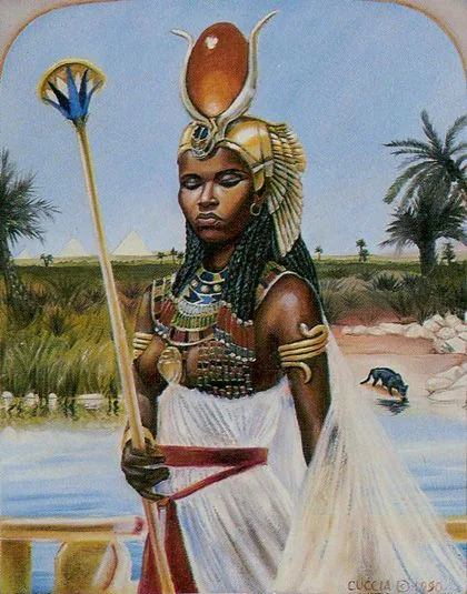 an egyptian woman in white dress holding a staff and wearing gold headdress with palm trees in the background