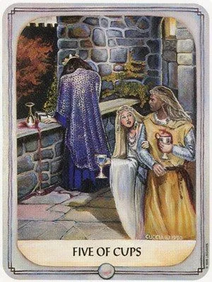 the five of cups tarot card shows two women dressed in medieval clothing and one is holding