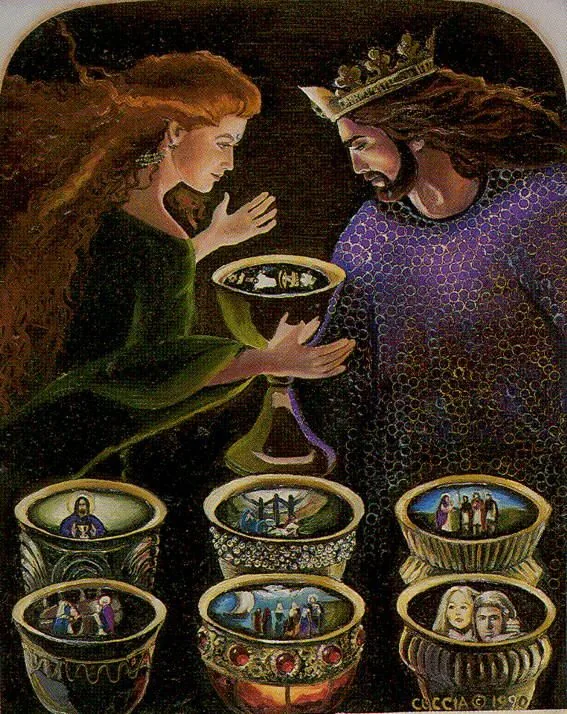the seven cups are shown in this taroti card with an image of two women holding