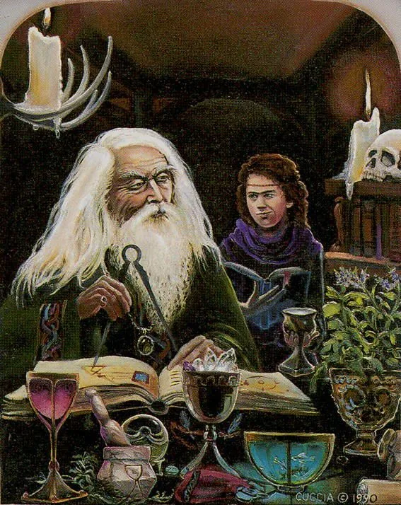 an old man with a long white beard sitting at a table next to a woman
