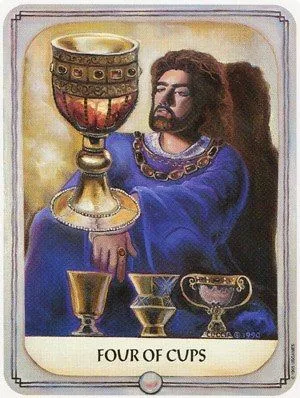 the four cups tarot card with an image of jesus holding a chalicet
