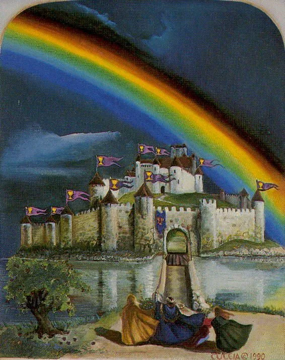 a painting of a castle with a rainbow in the sky and people sitting on the ground