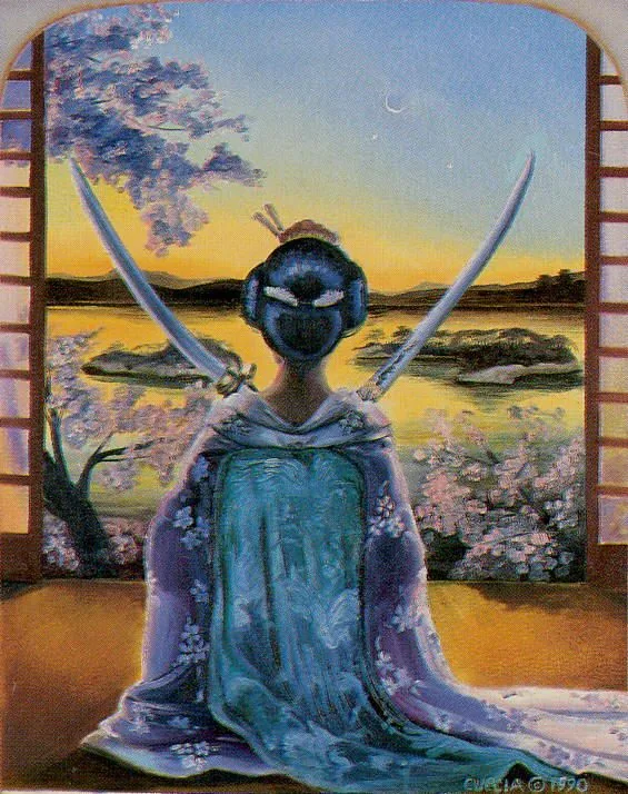 a painting of a woman sitting in front of a window with two swords on her head