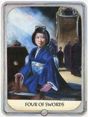 a card with an image of a woman dressed in blue