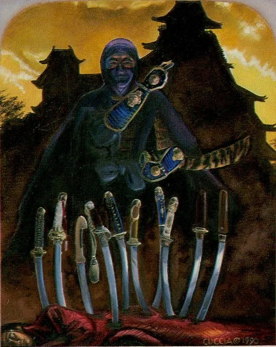 a tarot card with an image of a man holding knives in front of him