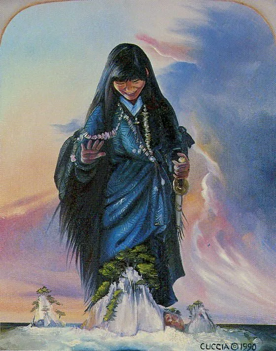 a painting of a woman standing in the ocean