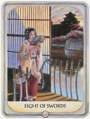 a card with an image of a woman standing in front of a gate and holding swords