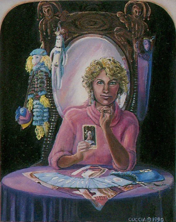 the fool tarot card has a woman sitting at a table with her hand up to her face