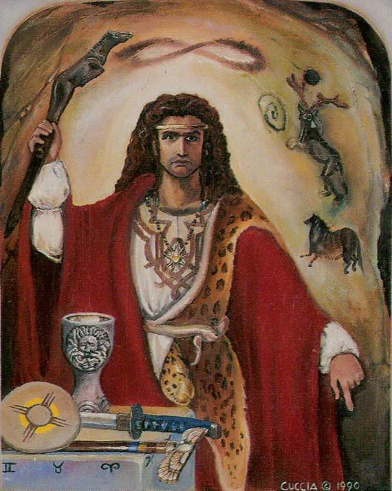 a painting of a man with long hair wearing a red robe and holding a cup