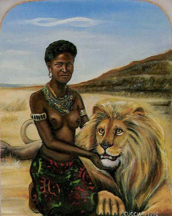 a painting of a woman with a lion
