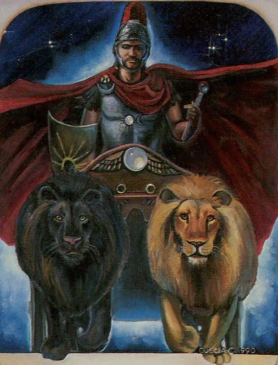 a painting of two lions and a man in armor