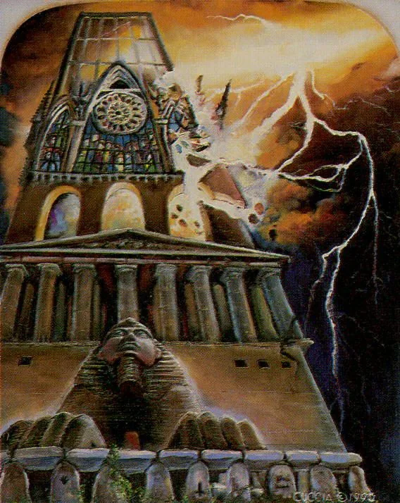 an image of a building that is in the sky with lightning coming out of it