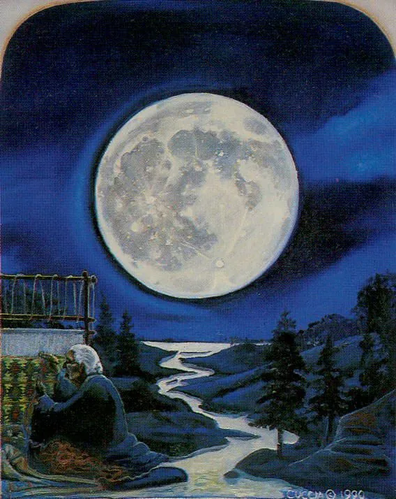 a painting of a man sitting on a bench looking at the moon over a river