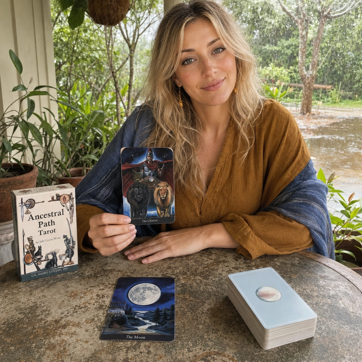 Aurica holding The Chariot from Ancestral Path Tarot beside the deck box, The Moon, and the stacked deck
