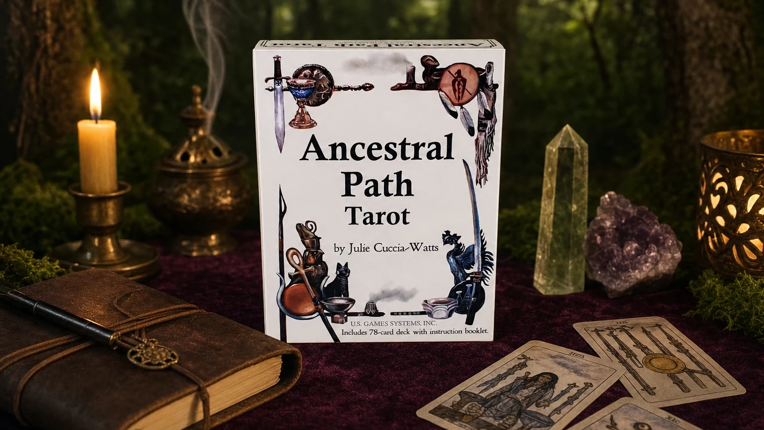 Ancestral Path Tarot Deck by Julie Cuccia-Watts Ancestral Path Tarot Deck by Julie Cuccia-Watts in a woodland reading scene