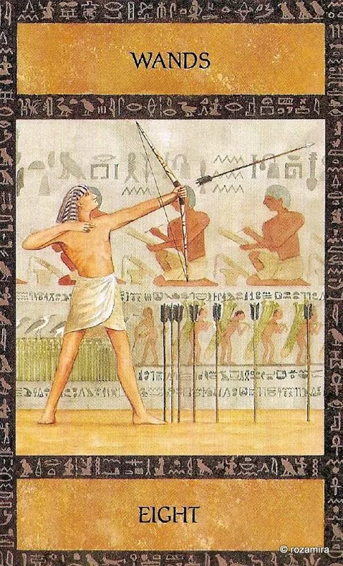 Eight of Wands card from the Ancient Egyptian Tarot deck