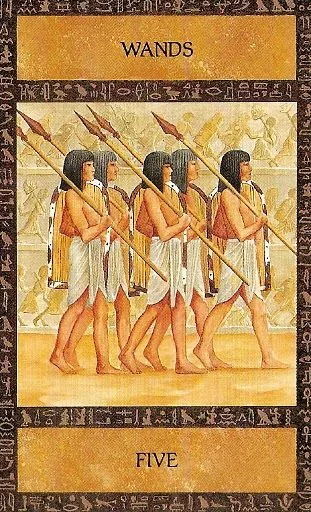 Five of Wands card from the Ancient Egyptian Tarot deck
