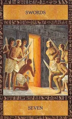 Seven of Swords card from the Ancient Egyptian Tarot deck