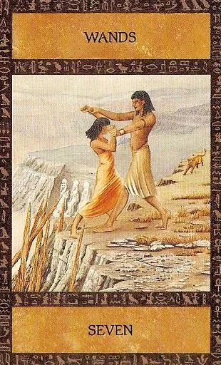 Seven of Wands card from the Ancient Egyptian Tarot deck