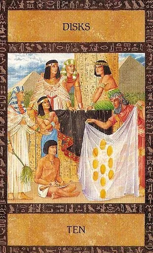 Ten of Disks card from the Ancient Egyptian Tarot deck