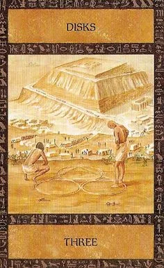 Three of Disks card from the Ancient Egyptian Tarot deck
