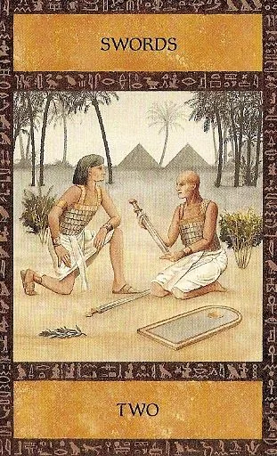 Ancient Egyptian Tarot Review 17 Two of Swords card from the Ancient Egyptian Tarot deck