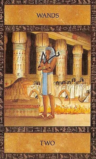 Two of Wands card from the Ancient Egyptian Tarot deck