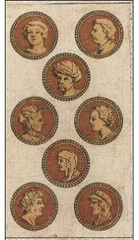 Eight of Coins card from the Ancient Minchiate Etruria Tarot deck