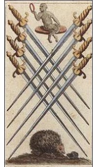 Eight of Swords card from the Ancient Minchiate Etruria Tarot deck