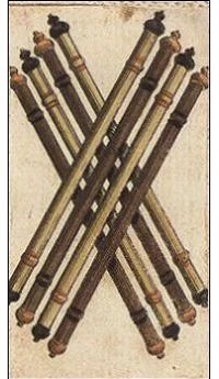 Eight of Wands card from the Ancient Minchiate Etruria Tarot deck