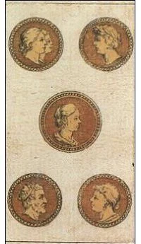 Five of Coins card from the Ancient Minchiate Etruria Tarot deck