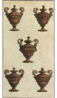 Five of Cups card from the Ancient Minchiate Etruria Tarot deck