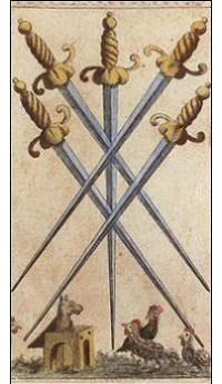 Five of Swords card from the Ancient Minchiate Etruria Tarot deck