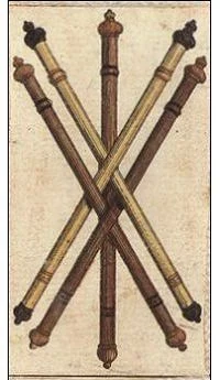 Five of Wands card from the Ancient Minchiate Etruria Tarot deck