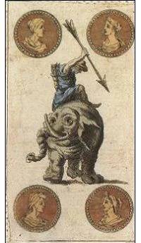 Four of Coins card from the Ancient Minchiate Etruria Tarot deck