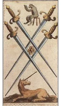 Four of Swords card from the Ancient Minchiate Etruria Tarot deck