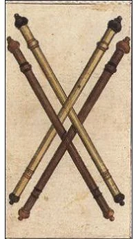 Four of Wands card from the Ancient Minchiate Etruria Tarot deck