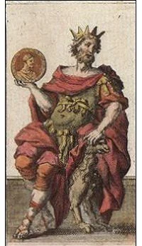 King of Coins card from the Ancient Minchiate Etruria Tarot deck