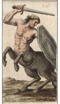 Knight of Swords card from the Ancient Minchiate Etruria Tarot deck