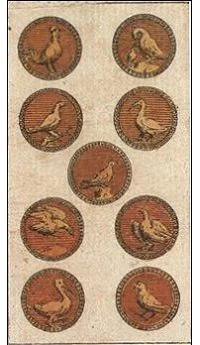 Nine of Coins card from the Ancient Minchiate Etruria Tarot deck