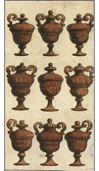 Nine of Cups card from the Ancient Minchiate Etruria Tarot deck
