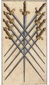 Nine of Swords card from the Ancient Minchiate Etruria Tarot deck