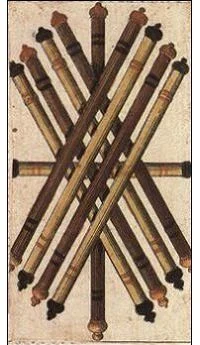 Nine of Wands card from the Ancient Minchiate Etruria Tarot deck