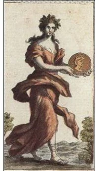 Page of Coins card from the Ancient Minchiate Etruria Tarot deck