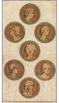 Seven of Coins card from the Ancient Minchiate Etruria Tarot deck